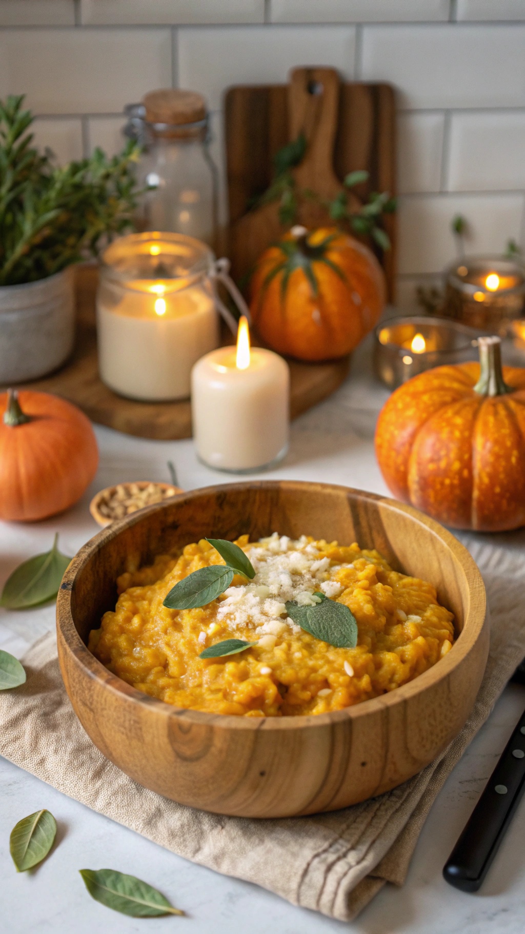 A bowl of creamy pumpkin risotto garnished with sage leaves and cheese, surrounded by autumn decorations.