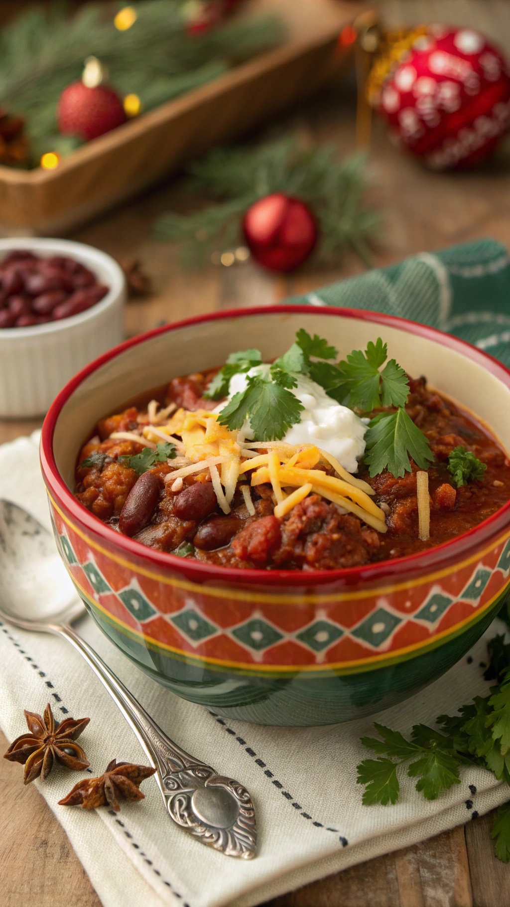A bowl of slow cooker chili topped with cheese, cilantro, and sour cream, surrounded by holiday decorations.