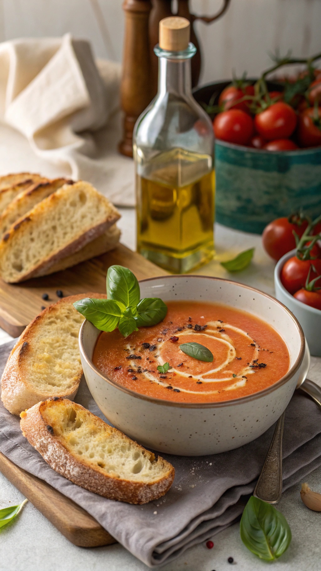 A bowl of tomato basil soup with bread slices and olive oil in the background.