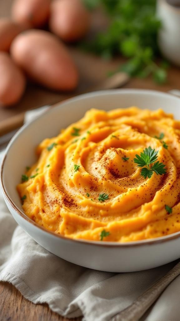 A bowl of creamy sweet potato mash topped with parsley and paprika, with eggs and herbs in the background.