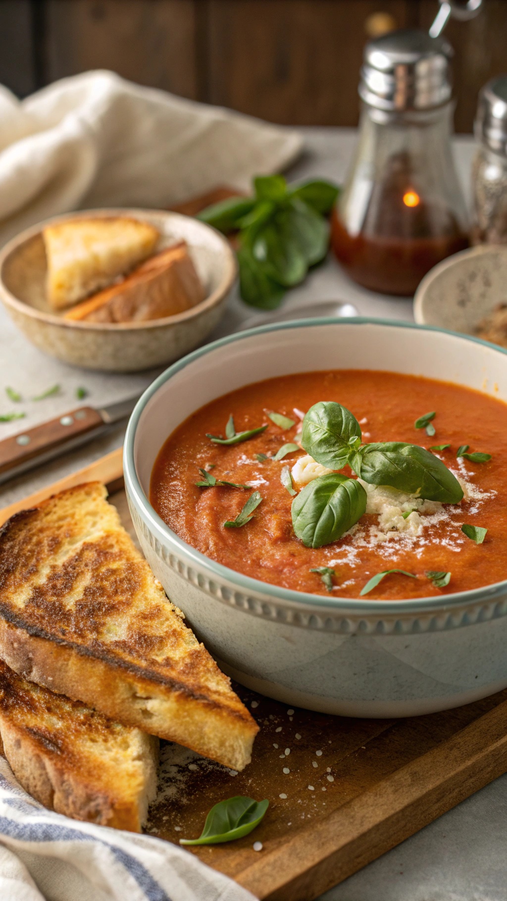A bowl of tomato basil soup with grilled cheese on the side, garnished with fresh basil.