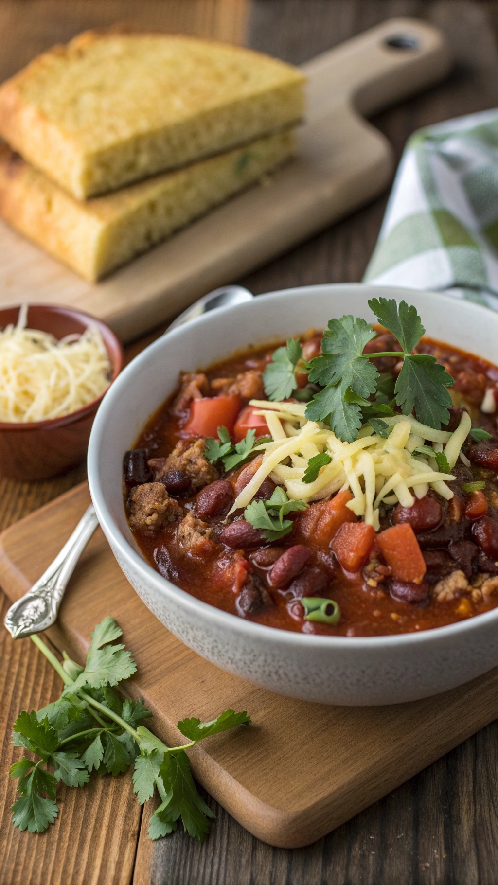 A bowl of turkey chili topped with cheese and cilantro, served with cornbread.