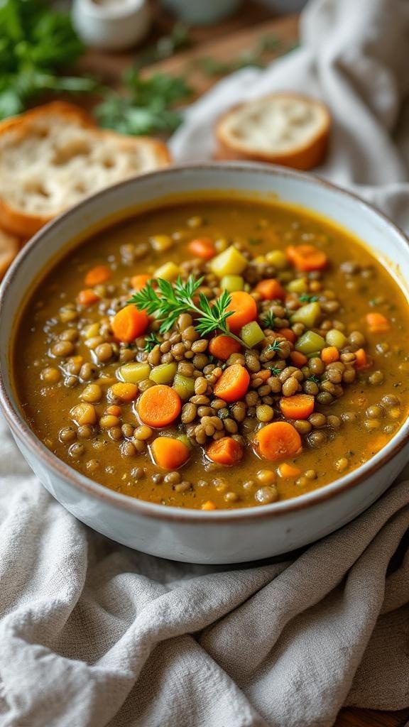 A bowl of comforting vegan lentil soup with carrots and potatoes, served with bread.