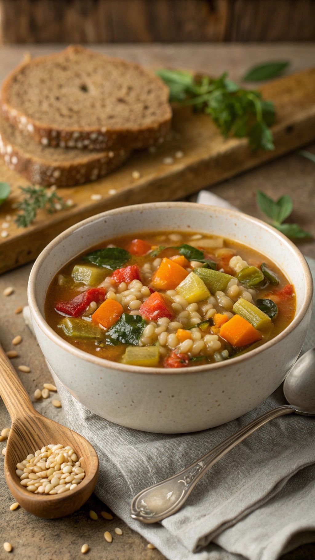 A bowl of vegetable and barley soup with colorful vegetables and a side of bread.