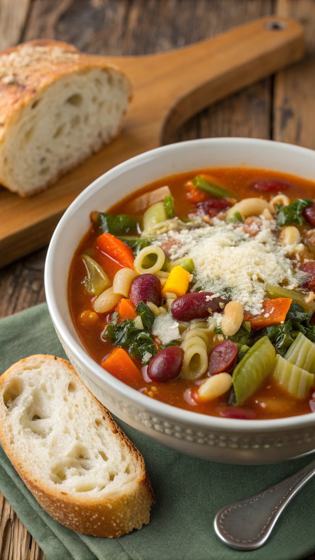 A bowl of veggie-packed minestrone soup with a slice of bread on the side.