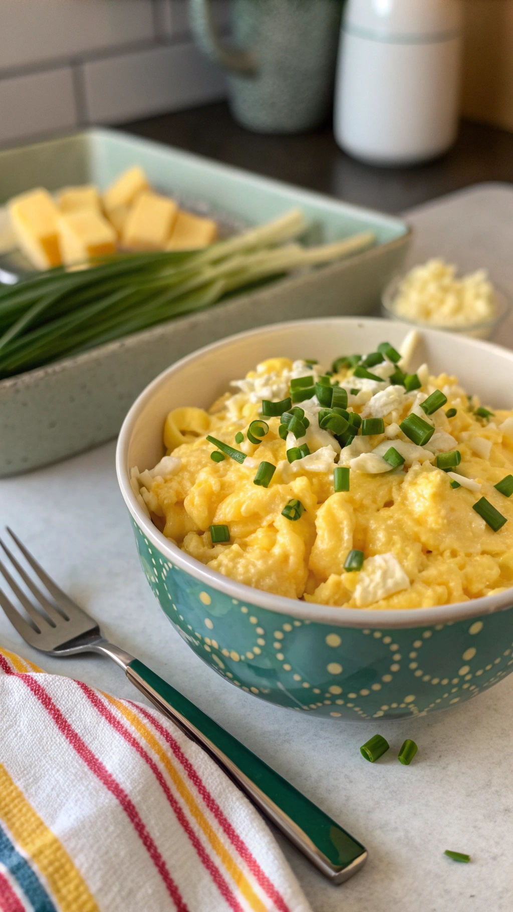 A bowl of fluffy scrambled eggs topped with green onions, with cheese and more green onions in the background.