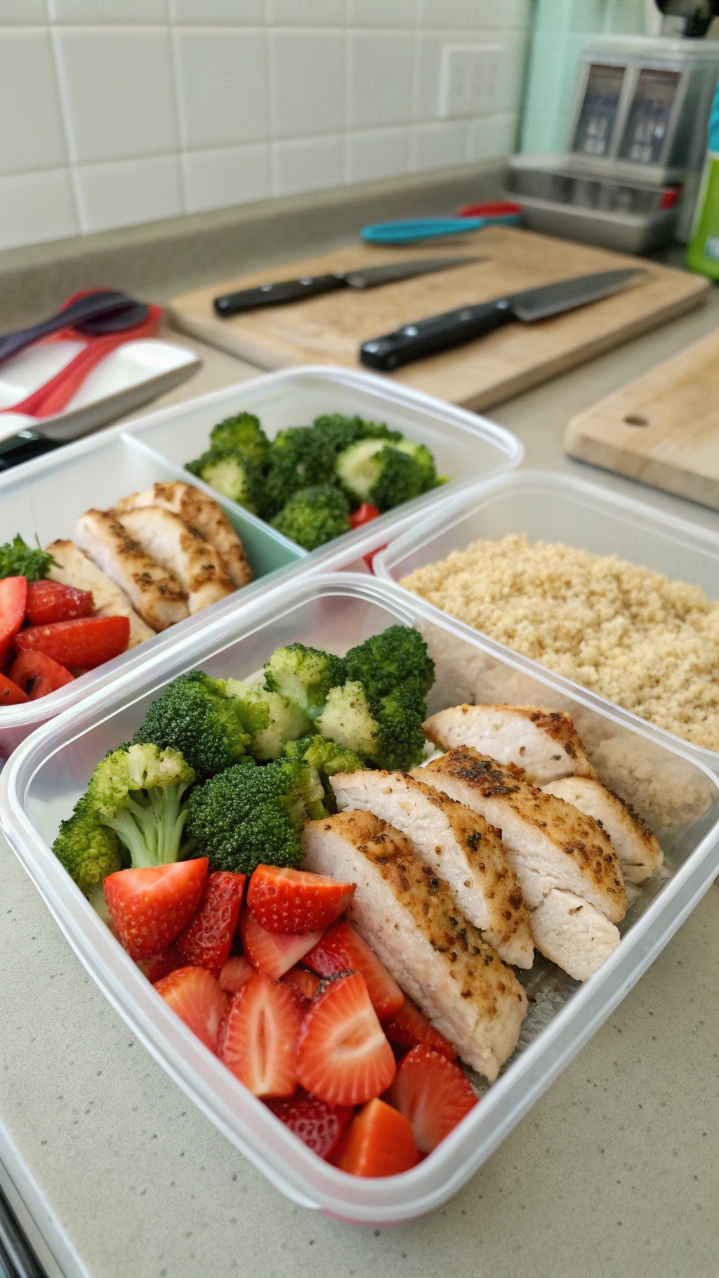 Meal prep containers with grilled chicken, broccoli, strawberries, and quinoa on a kitchen counter.