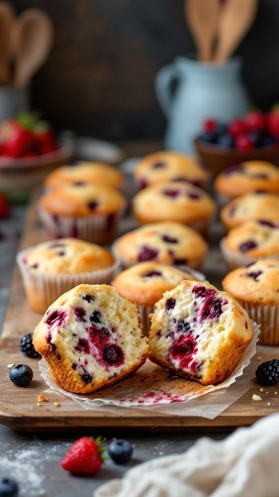 Delicious cottage cheese and berry breakfast muffins on a wooden board with fresh berries.