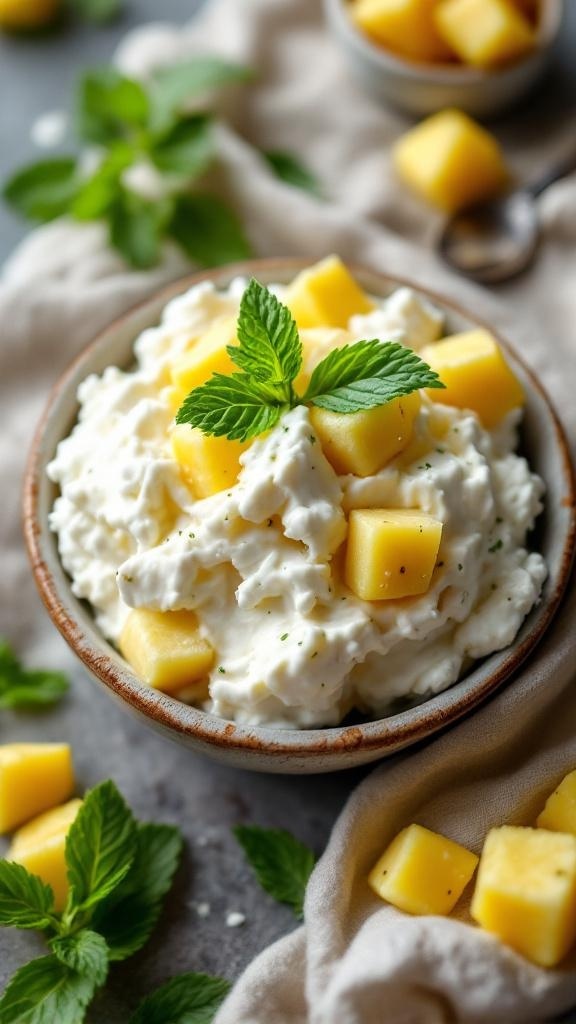 A bowl of cottage cheese topped with pineapple chunks and a sprig of mint, surrounded by fresh pineapple pieces and mint leaves.