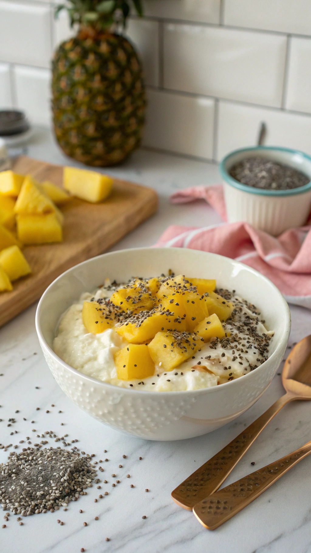 A bowl of cottage cheese topped with pineapple and chia seeds, with a pineapple in the background.
