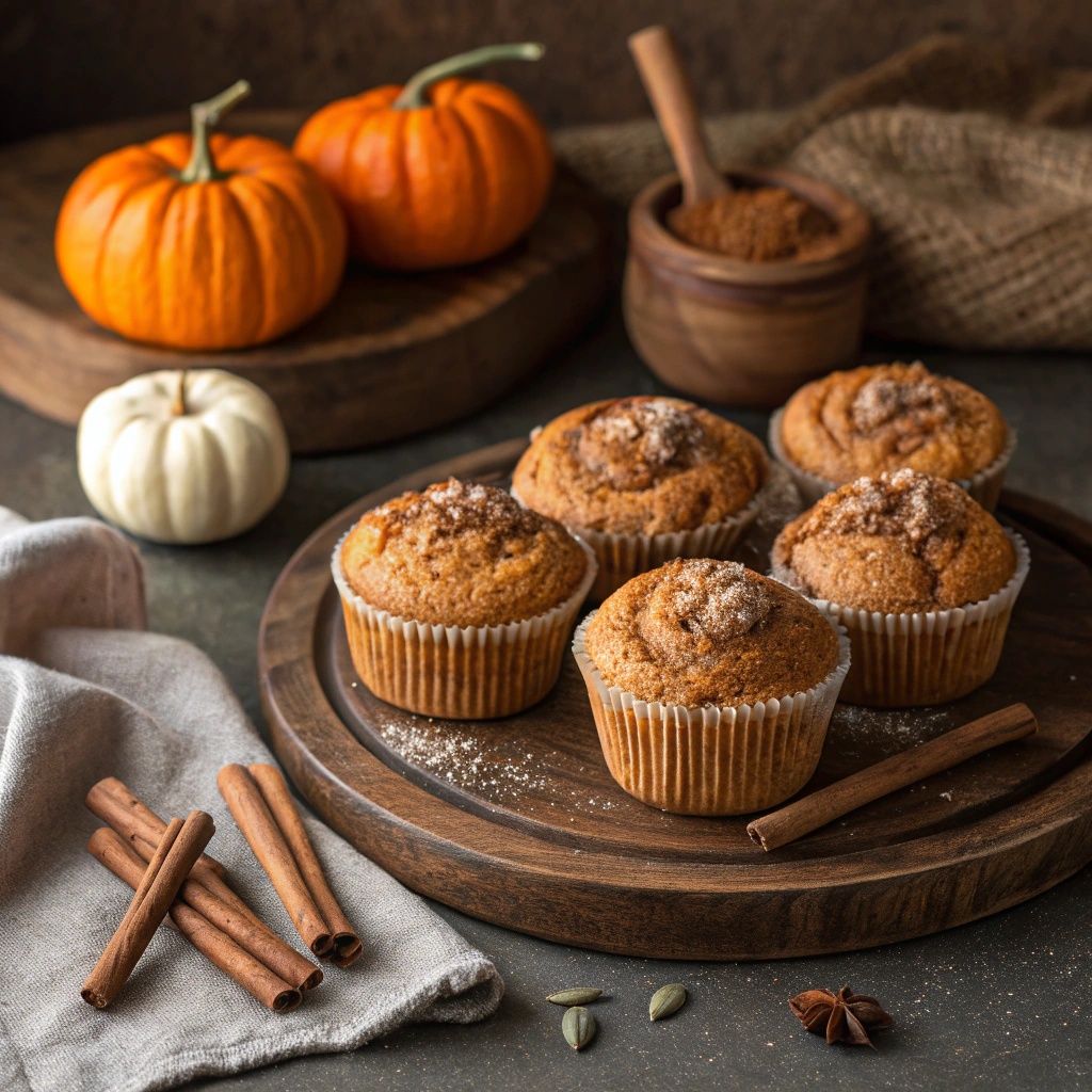 Pumpkin spice protein muffins on a wooden platter with cinnamon sticks and small pumpkins