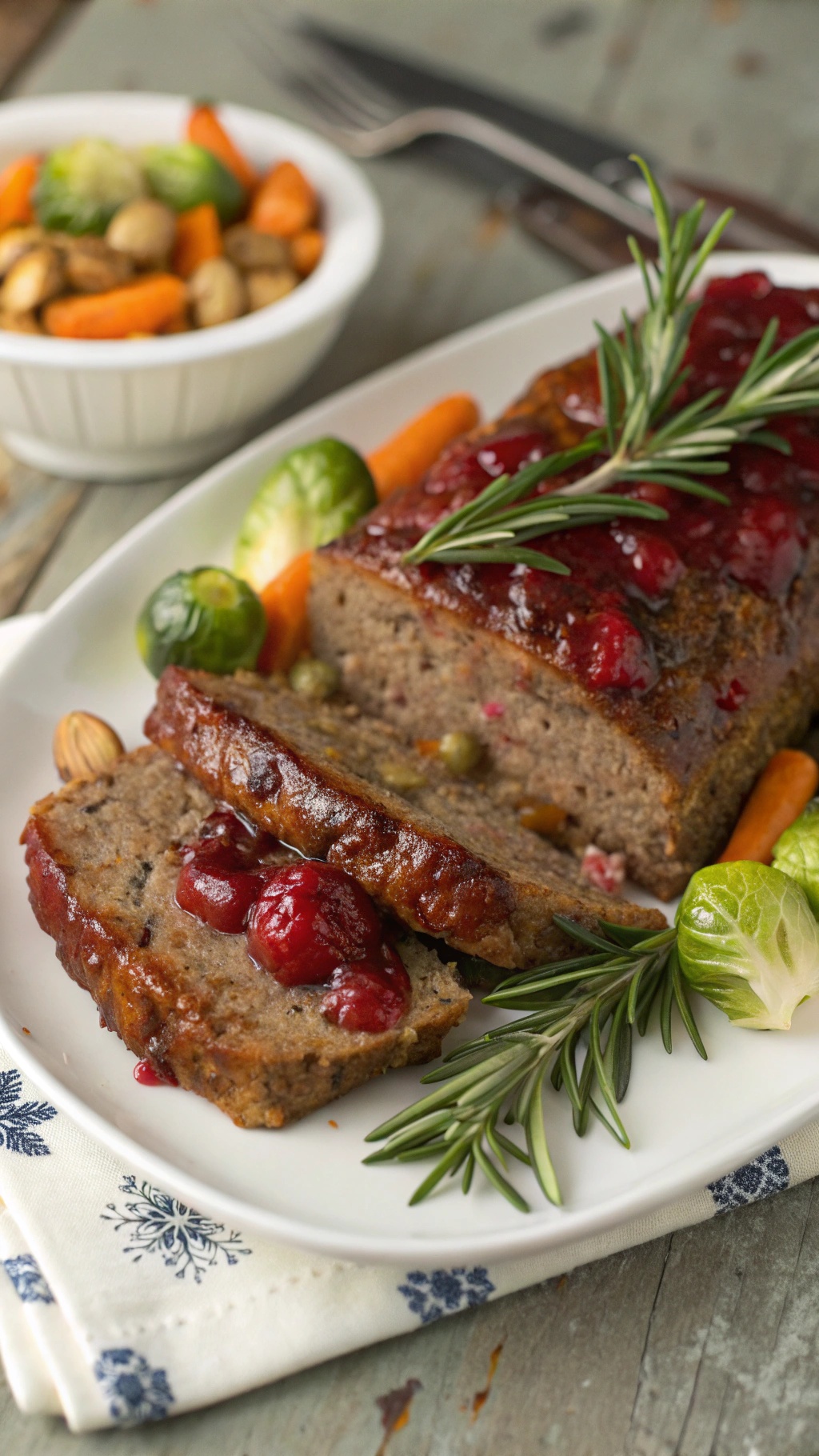 A beautifully glazed cranberry meatloaf served with colorful vegetables on a white plate.
