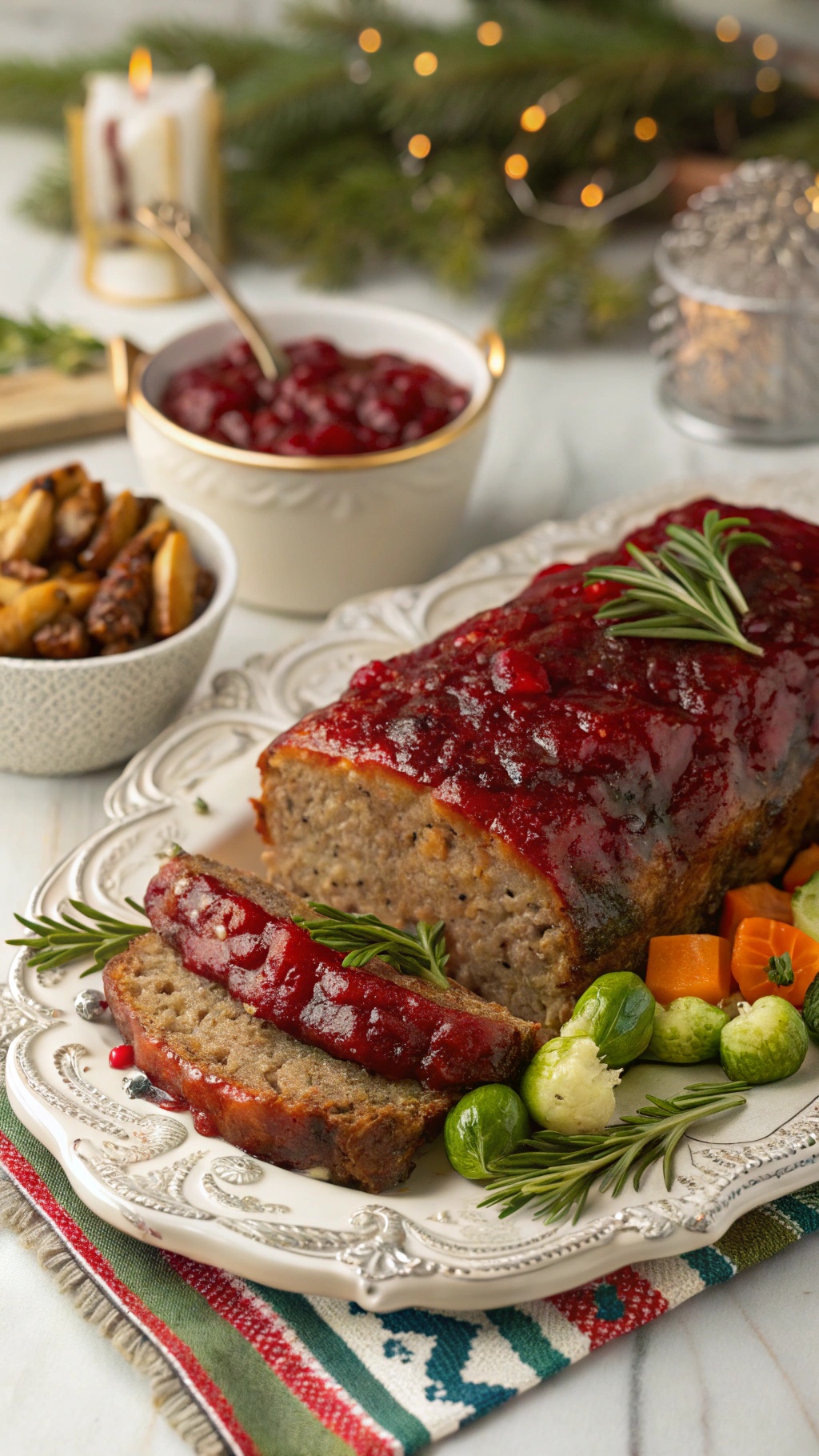 Cranberry-glazed meatloaf served with vegetables and a festive background.