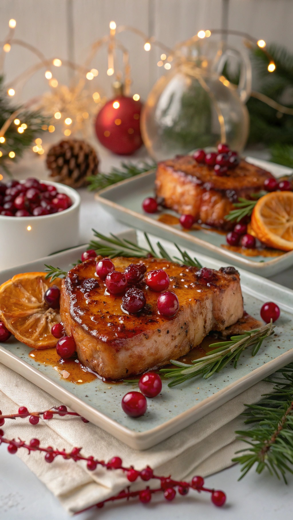 Cranberry orange glazed pork chops served with fresh cranberries and orange slices on a festive table.