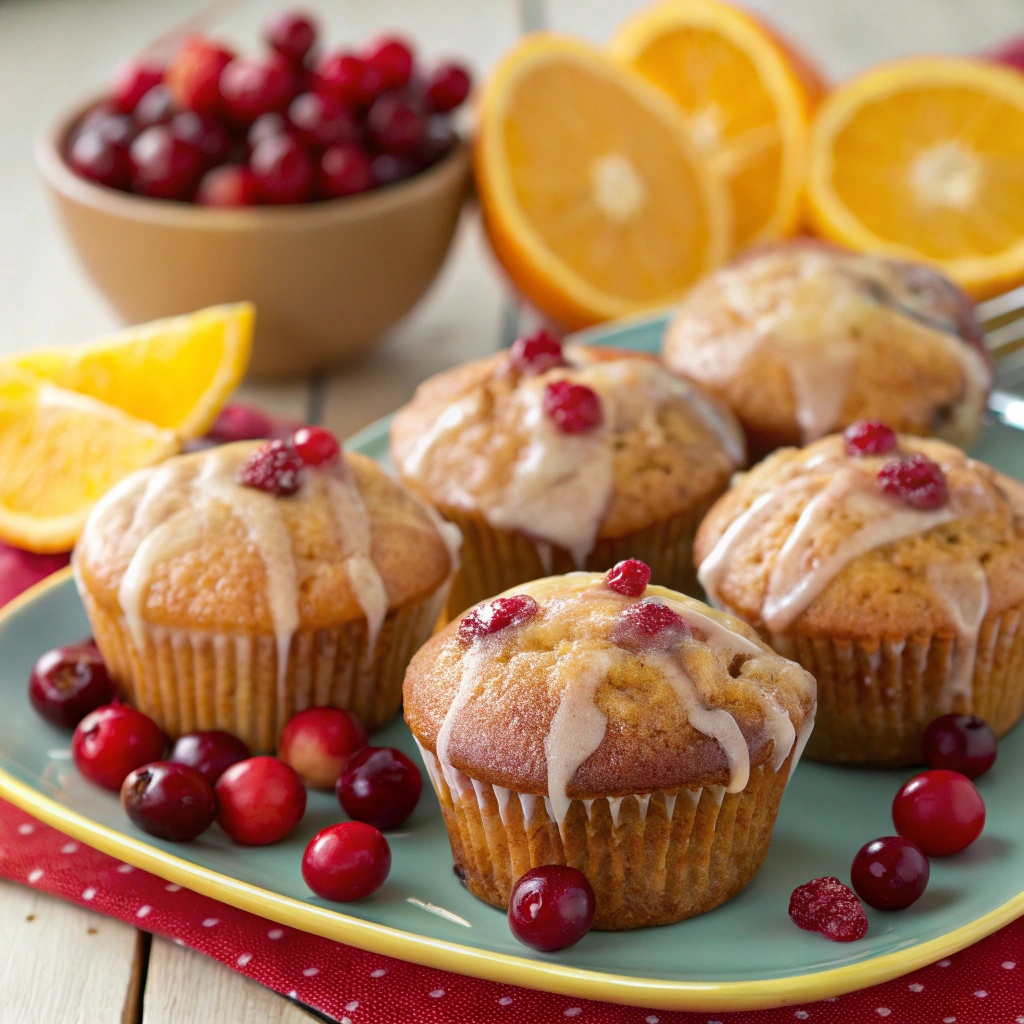 Cranberry orange muffins with a sweet glaze, garnished with orange slices and fresh cranberries.