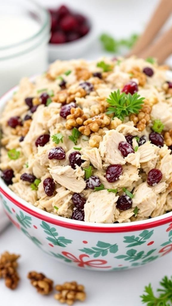 Cranberry walnut chicken salad in a festive bowl with cranberries and walnuts in the background.