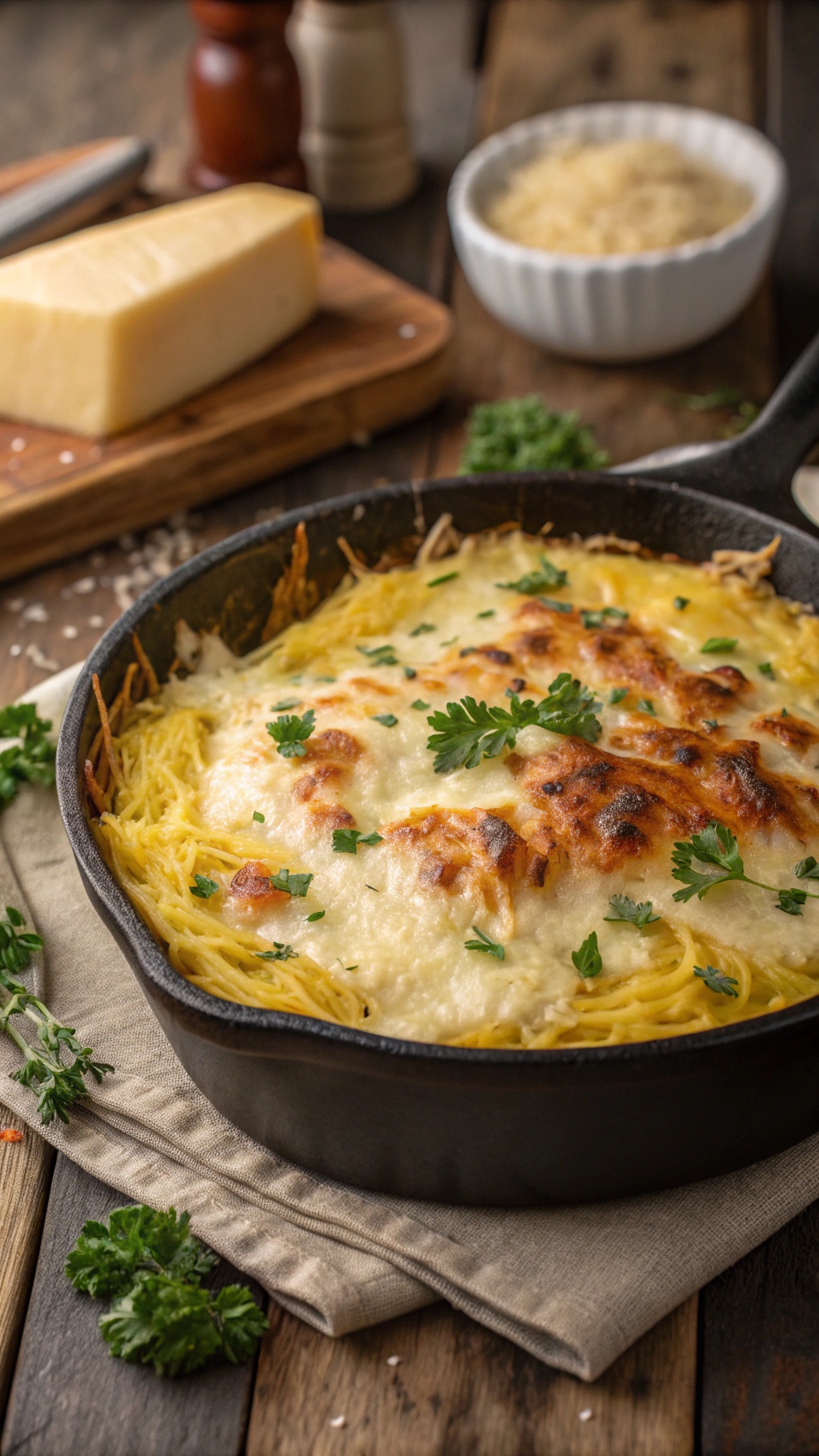Creamy Alfredo spaghetti squash bake topped with cheese and herbs