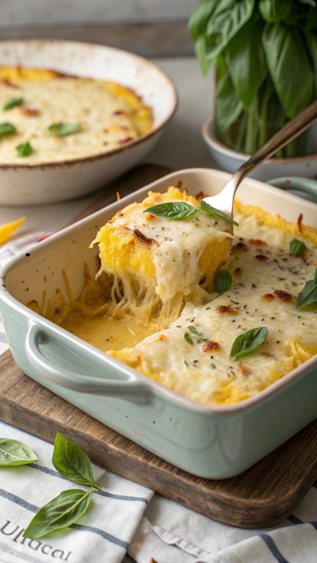 Creamy Alfredo Spaghetti Squash Bake with fresh basil on top