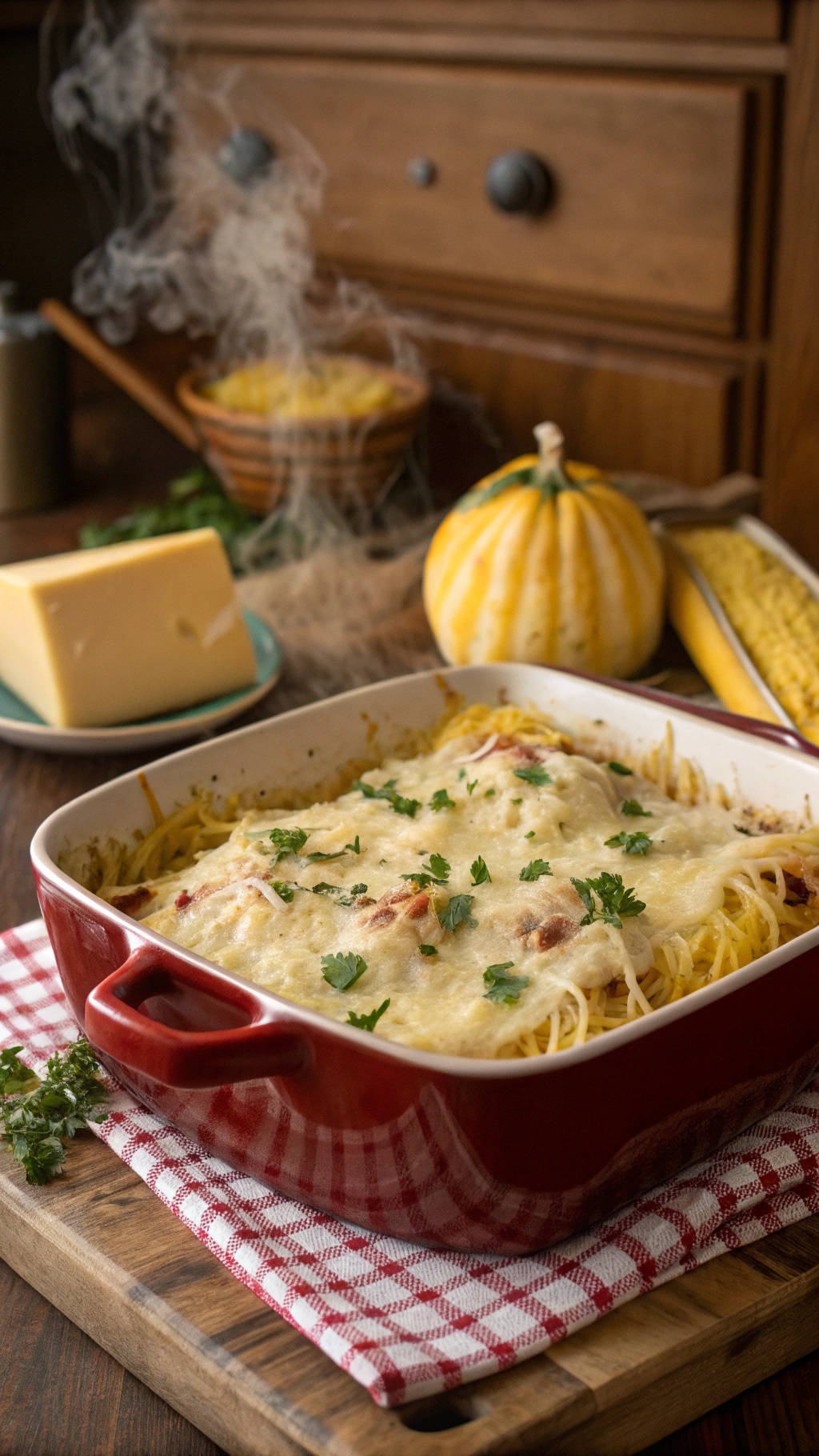 Creamy Alfredo spaghetti squash bake in a red dish, garnished with parsley and cheese, with a wooden background.