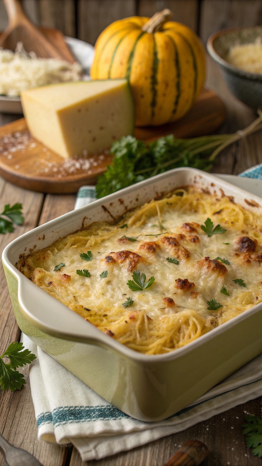 A creamy Alfredo spaghetti squash bake topped with melted cheese and fresh parsley, surrounded by ingredients like cheese and a decorative squash.