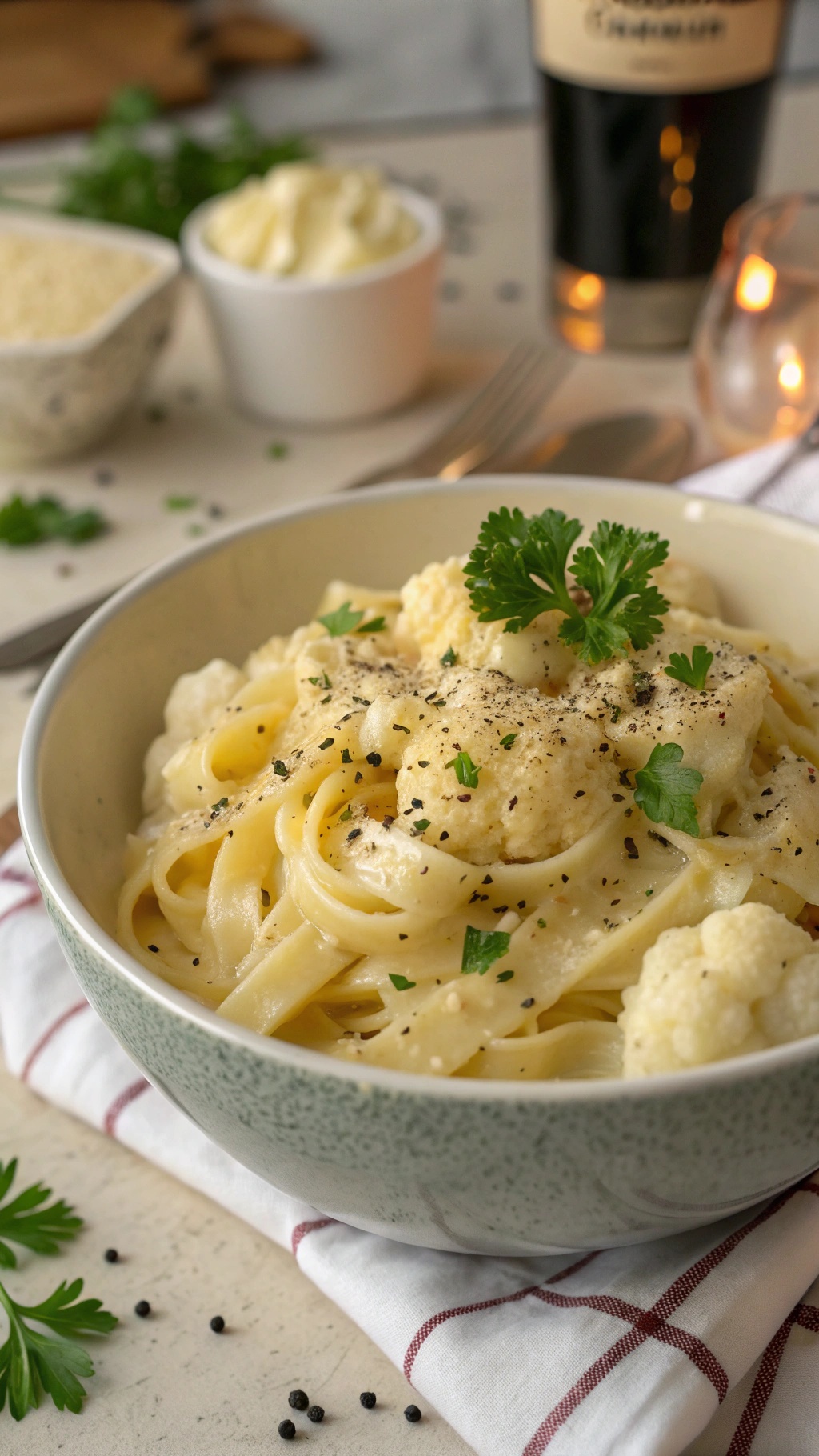 A bowl of creamy Alfredo sauce with cauliflower noodles, garnished with parsley and black pepper.