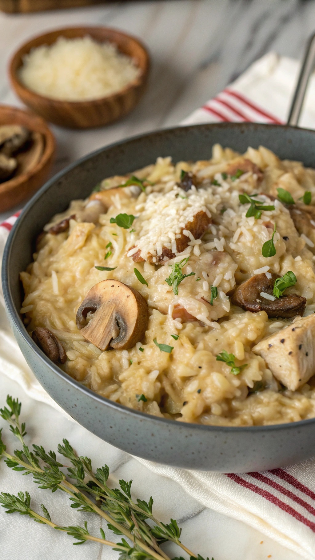 A bowl of creamy chicken and mushroom risotto topped with parsley and grated cheese, with mushrooms and herbs in the background.