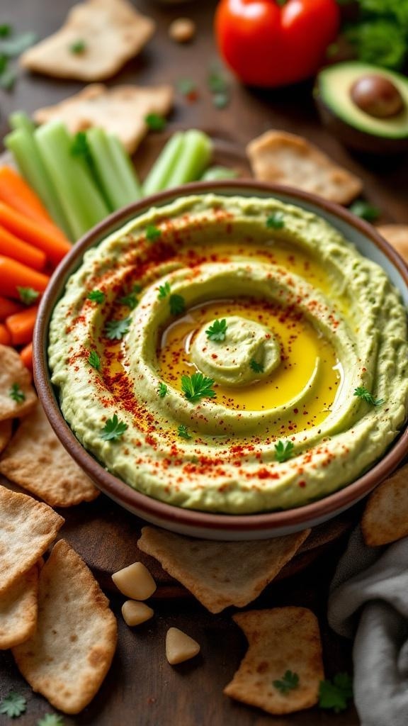 A bowl of creamy avocado and white bean hummus garnished with olive oil and herbs, surrounded by pita chips and fresh vegetables.