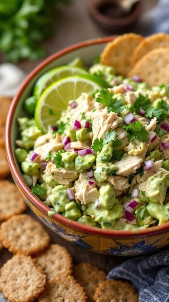 A bowl of creamy avocado chicken salad with crackers on the side