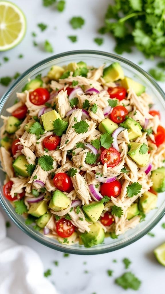 A bowl of creamy avocado chicken salad with shredded chicken, diced avocado, cherry tomatoes, and cilantro.