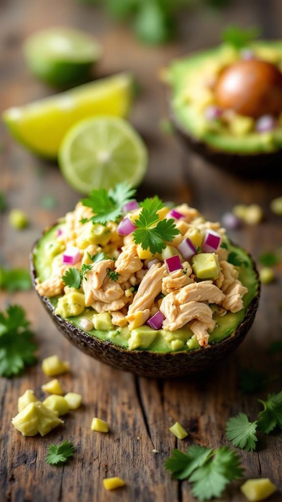 Creamy avocado chicken salad served in avocado halves with lime and cilantro