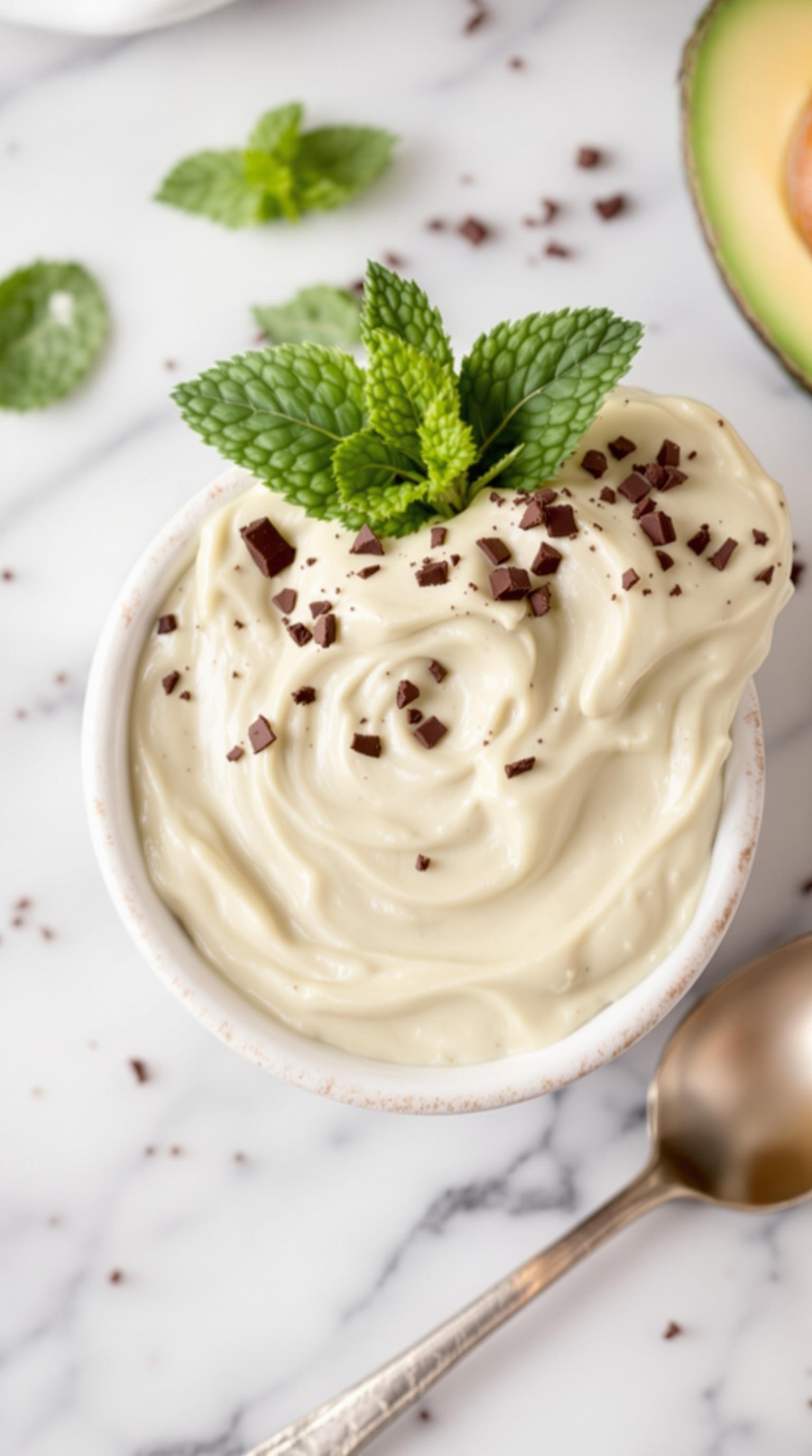 A bowl of creamy avocado chocolate pudding topped with mint leaves and chocolate shavings, with an avocado in the background.