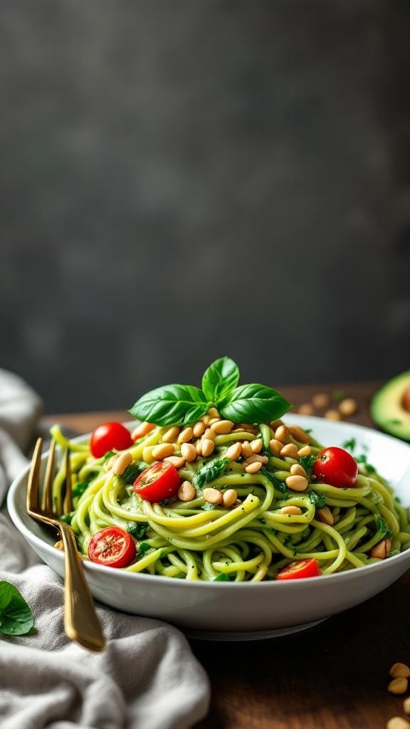 A bowl of creamy avocado pasta topped with cherry tomatoes, pine nuts, and fresh basil.