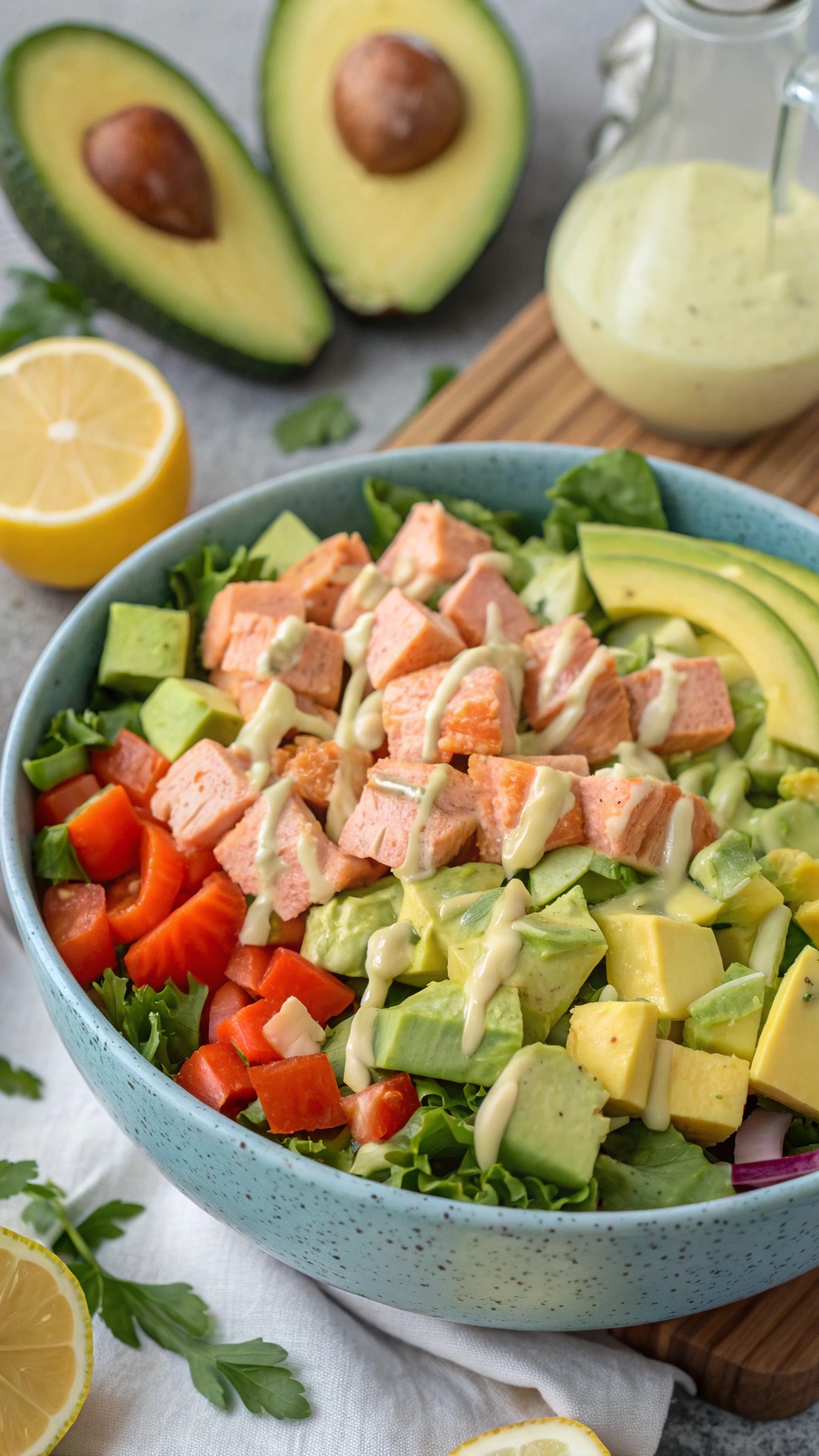 A colorful bowl of creamy avocado salmon salad with mixed greens, diced avocado, cherry tomatoes, and a light dressing.