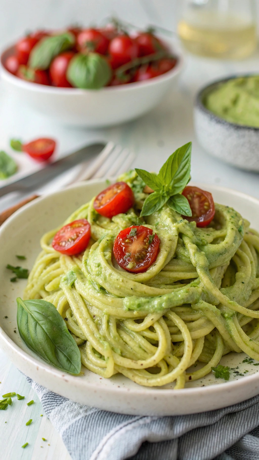 A plate of creamy avocado spaghetti topped with cherry tomatoes and basil.