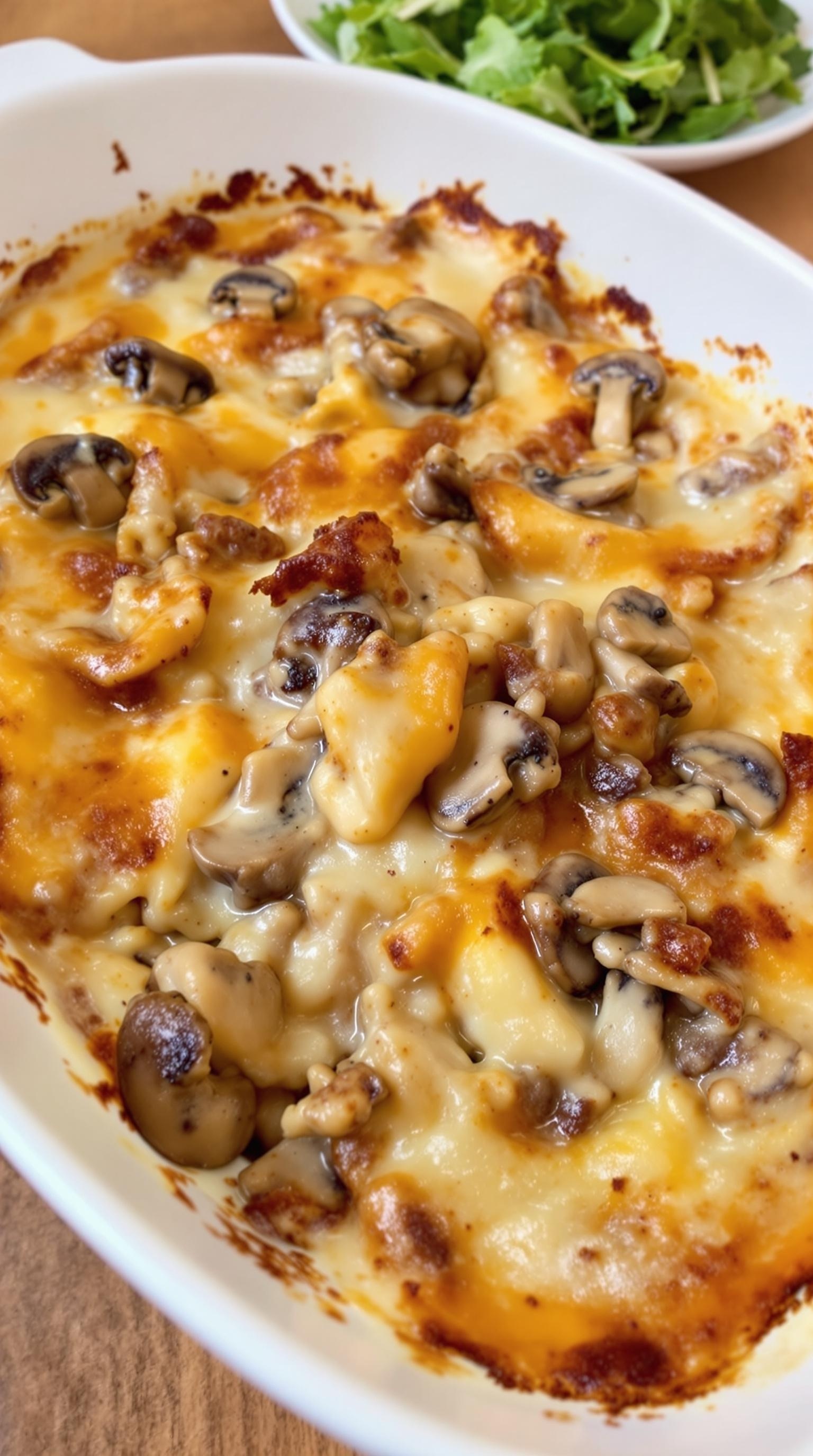 A delicious creamy beef and mushroom casserole served with a fresh salad.