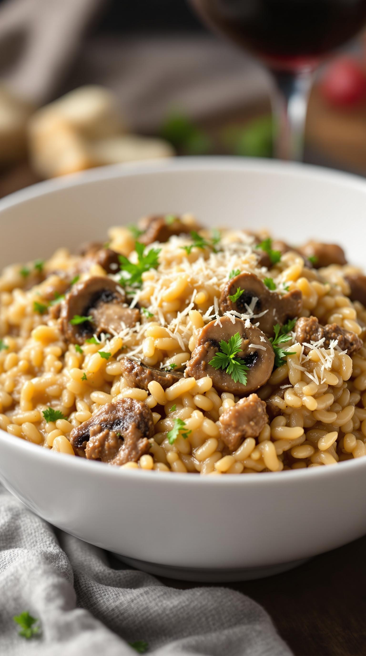 A bowl of creamy beef and mushroom risotto with brown rice, garnished with parsley and cheese.