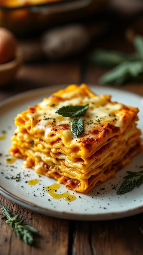 A delicious slice of creamy butternut squash lasagna topped with fresh herbs on a rustic wooden table.