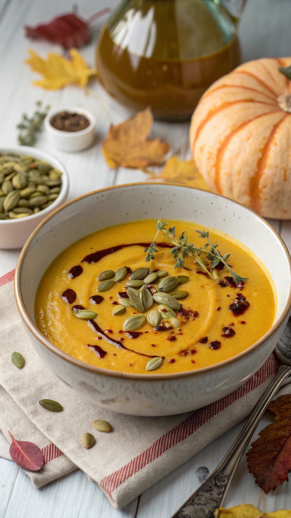 A bowl of creamy butternut squash soup garnished with pumpkin seeds and herbs, with autumn leaves and a pumpkin in the background.