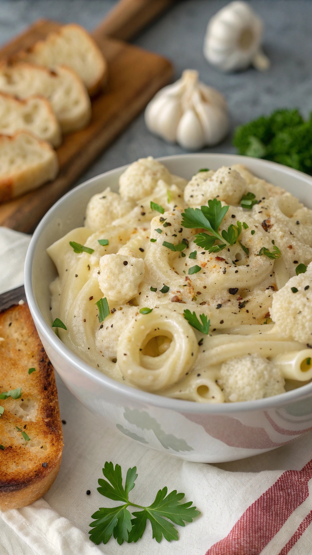 A bowl of creamy cauliflower Alfredo pasta garnished with parsley, served with toasted bread on the side.