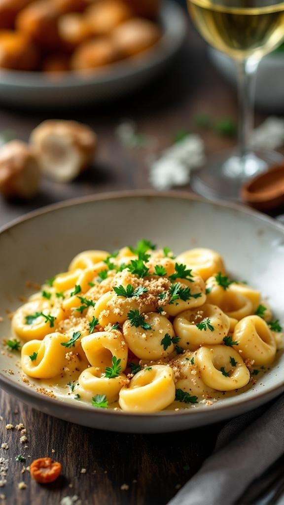 A bowl of creamy cauliflower and cheese tortellini garnished with parsley and breadcrumbs.