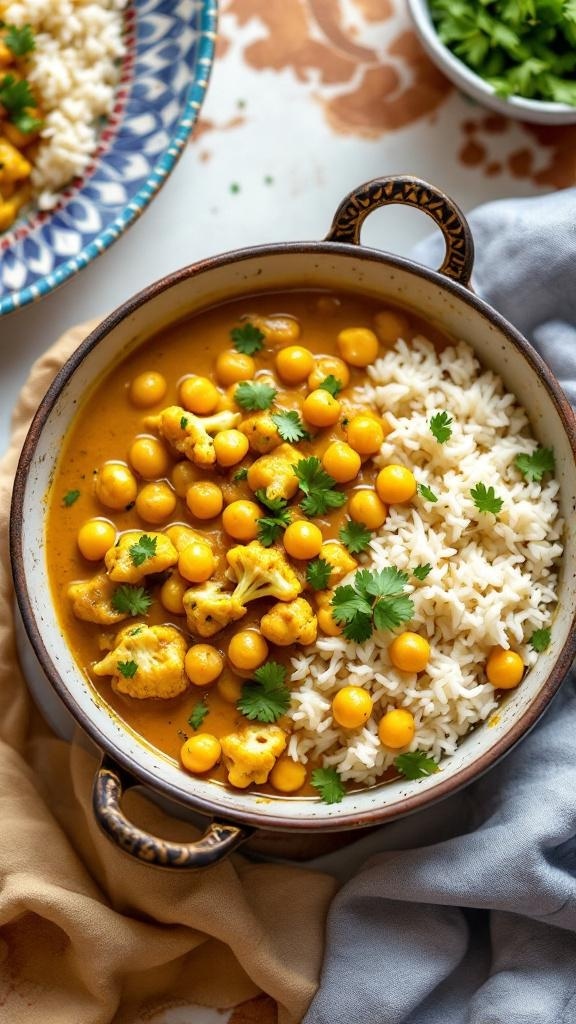 A bowl of creamy cauliflower and chickpea curry served with rice, garnished with cilantro.