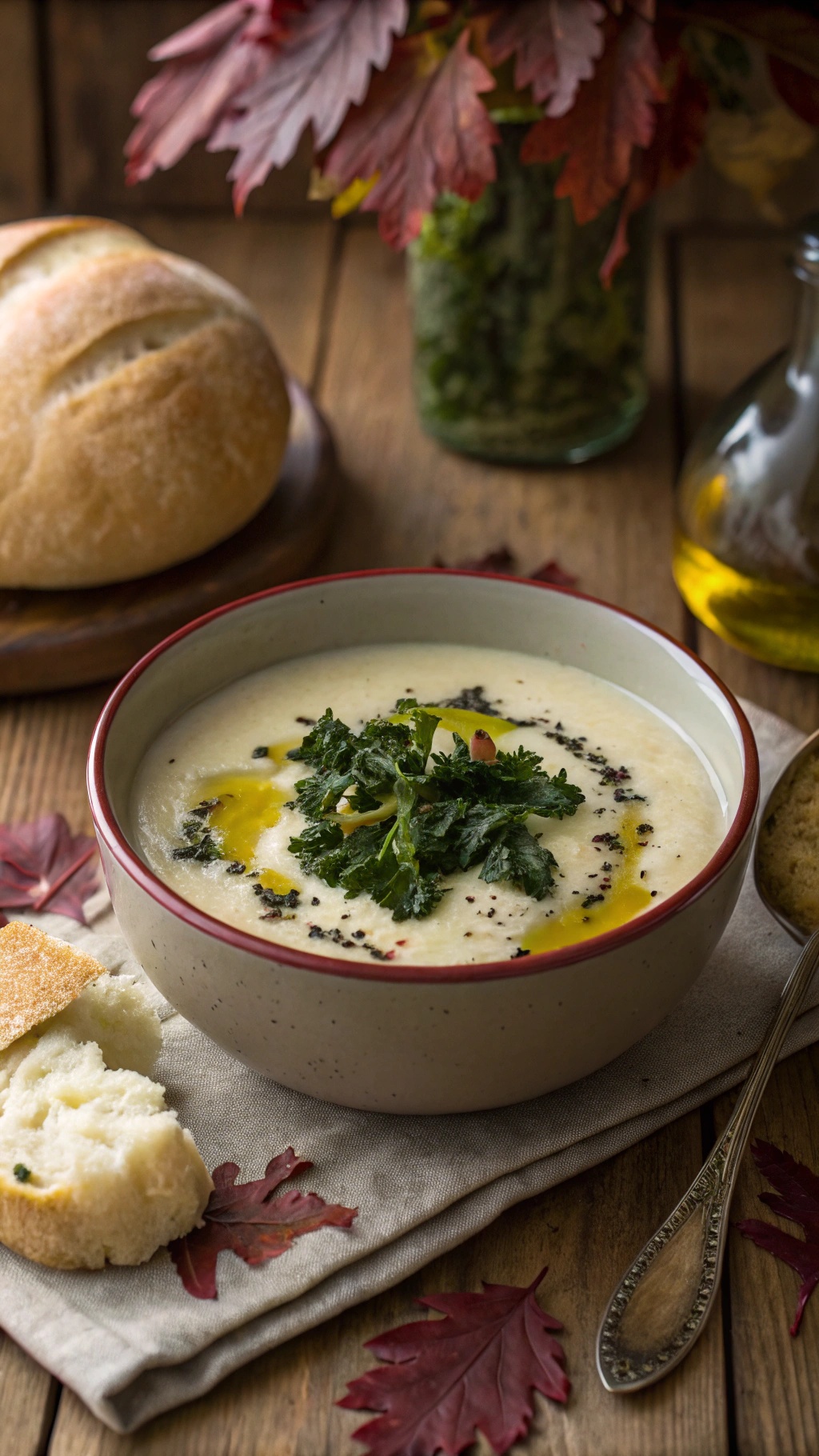 A bowl of creamy cauliflower and kale soup with a side of bread, surrounded by autumn leaves.