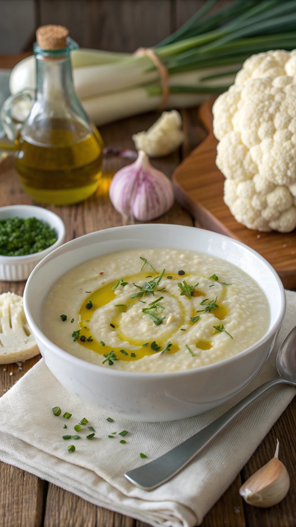 A bowl of creamy cauliflower detox soup garnished with herbs and olive oil, surrounded by fresh ingredients.