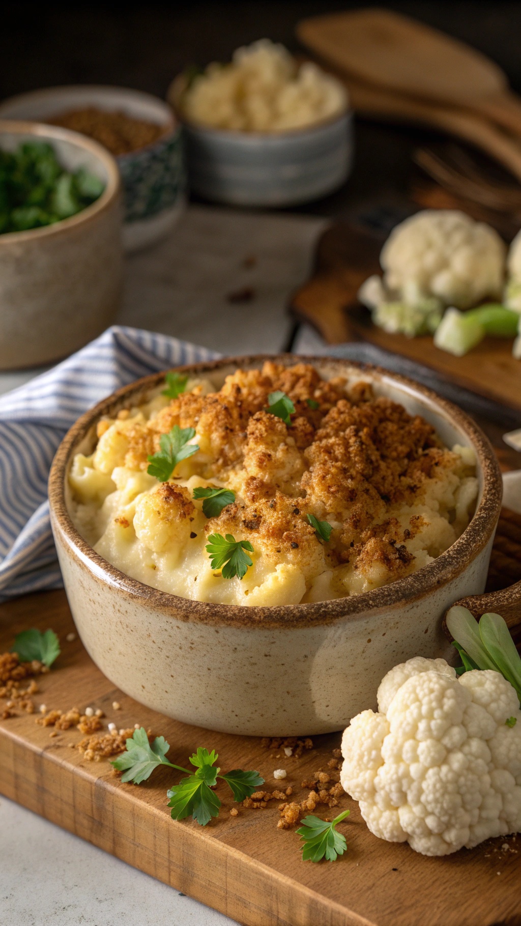 A bowl of creamy cauliflower mac and cheese topped with breadcrumbs and parsley, surrounded by fresh cauliflower and greens.