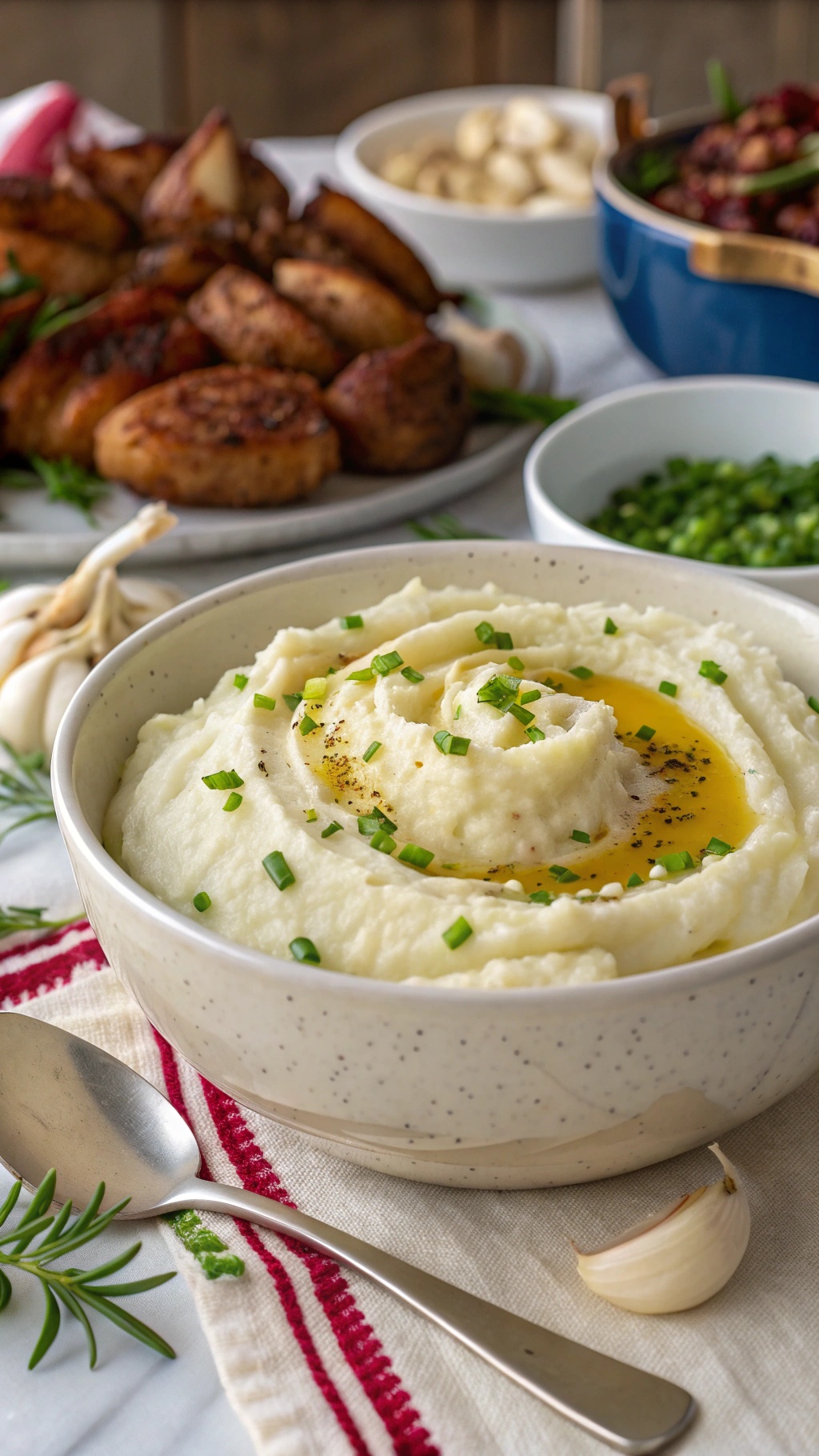 A bowl of creamy cauliflower mash topped with olive oil and chives, surrounded by various side dishes.