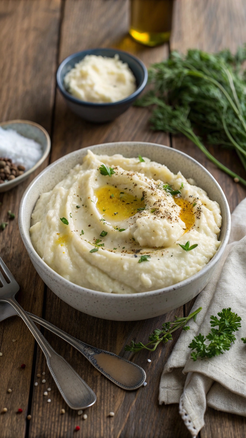 A bowl of creamy cauliflower mash topped with olive oil and herbs, served with utensils and spices on a wooden table.