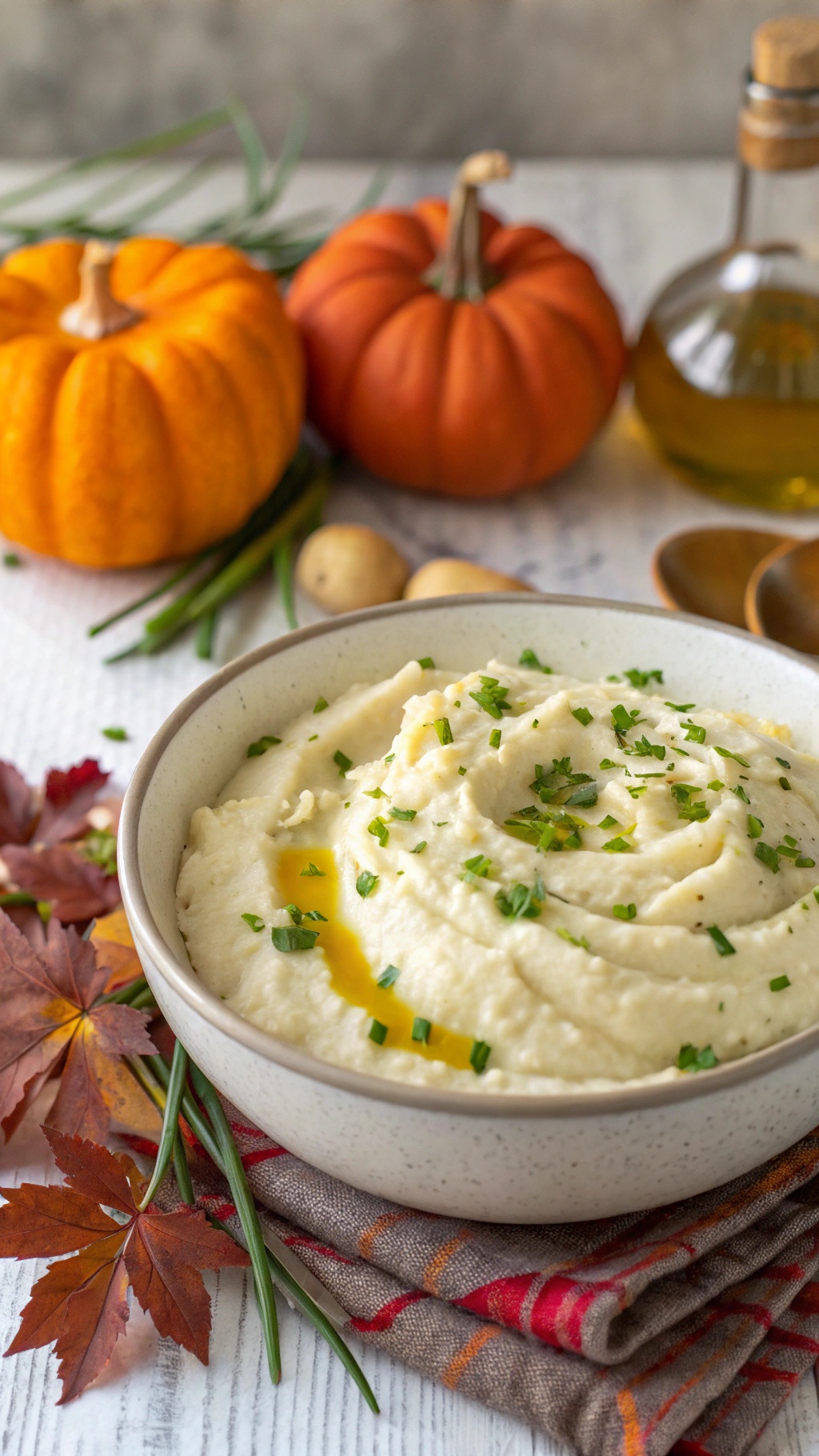 Bowl of creamy cauliflower mash with garlic, garnished with chives, surrounded by pumpkins and autumn leaves.