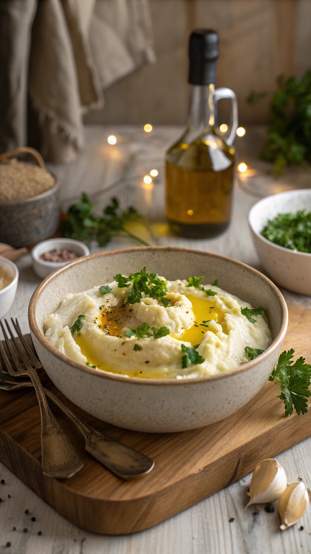 A bowl of creamy cauliflower mashed potatoes topped with olive oil and fresh herbs.
