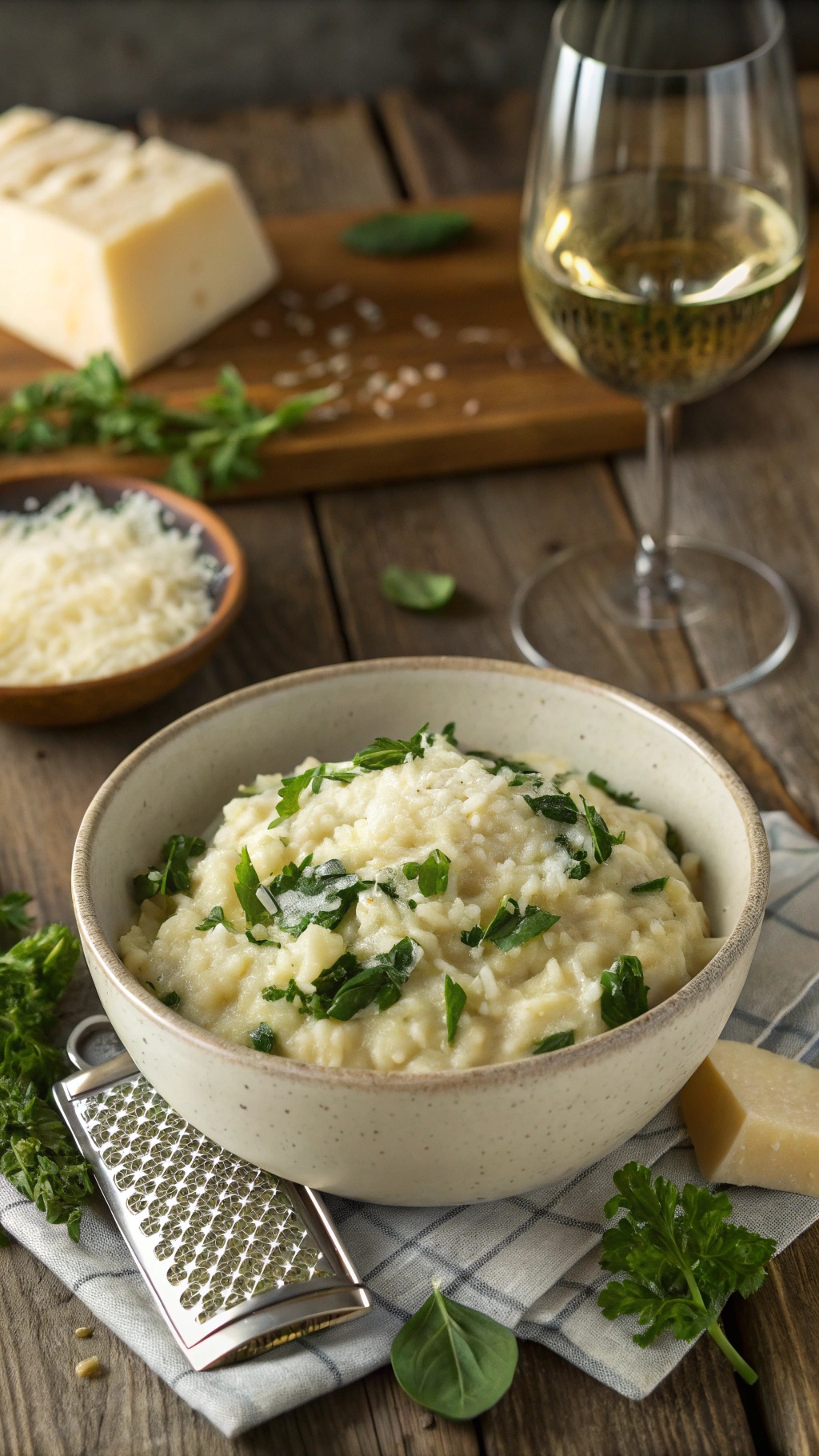 A bowl of creamy cauliflower risotto with spinach, topped with fresh herbs, alongside a grater and a glass of white wine.
