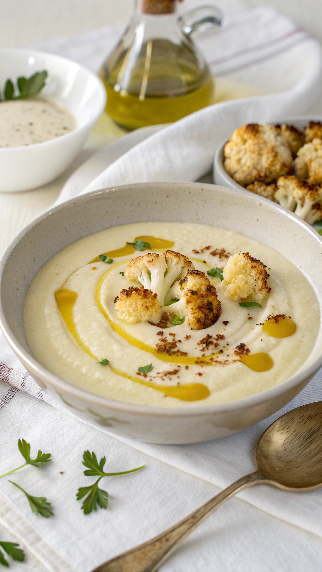 A bowl of creamy cauliflower soup topped with roasted cauliflower florets and olive oil, served with a spoon.